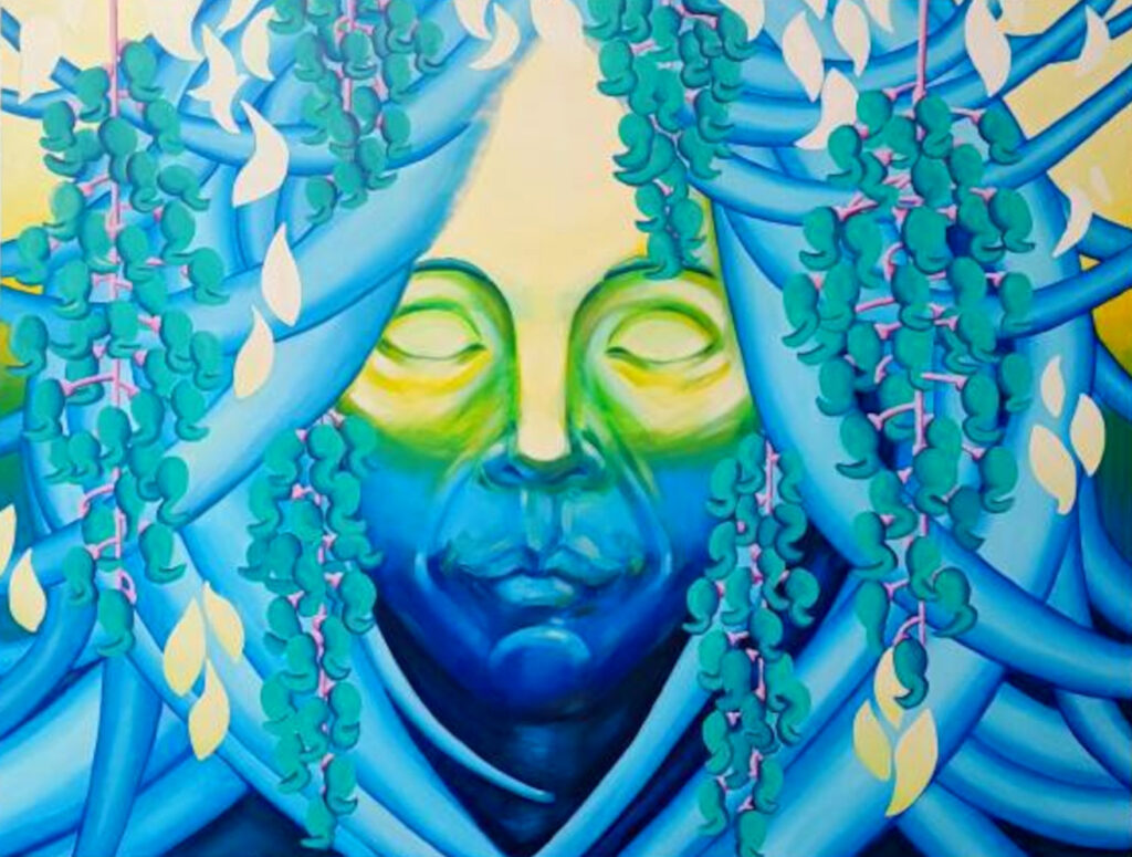 Peinture acrylique sur toile de Michèle Beck, 116 cm x 89 cm, 2025, collab vidéo youtube Rafael Menendez One more chance, Montpellier Montpellier